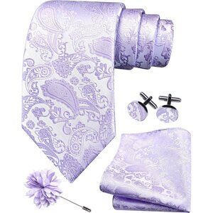 Men's Light Purple Paisley Tie And Lapel Pin Necktie Hankerchief Cufflinks Set